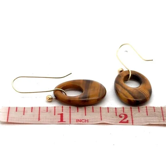 Estate 14k Yellow Gold Oval Carved Tiger's Eye Doorknocker Dangle Hook Earrings